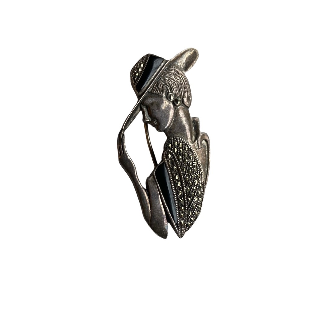 Vintage Lady in Fedora Hat Art Deco Onyx and Marcasite 925 Sterling Silver Pin